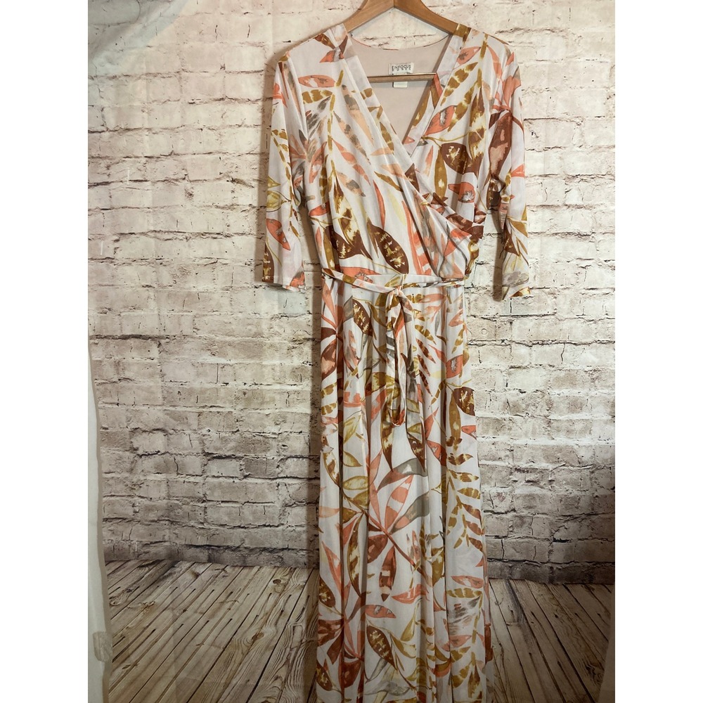 En‎ Focus  Maxi Dress Women's 16W White & Brown Tropical Leaf Print Belted Mesh